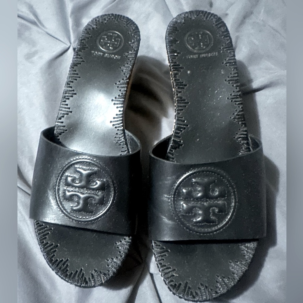 Tory Burch Black Leather Logo Slide Wedges